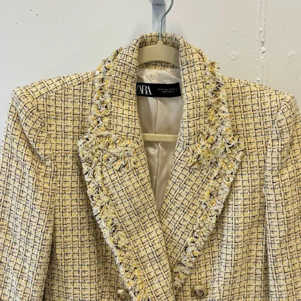 Zara Tweed Fringe‎ Double Breasted Classic Blazer Checkered Medium 2460/137/330 - Image 4