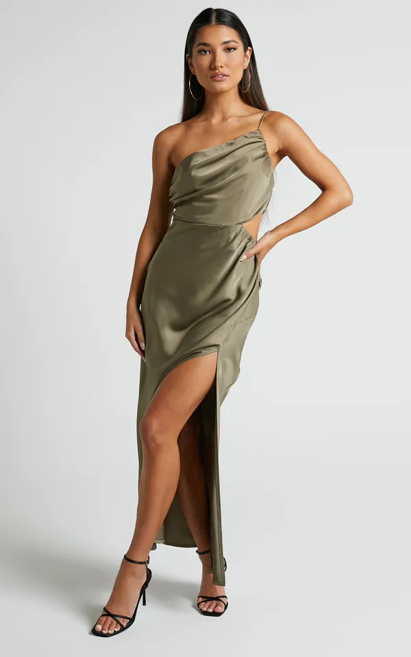 New Showpo Jaylani Midi Dress One Shoulder Thigh Split Satin Dress Size Small - Image 5