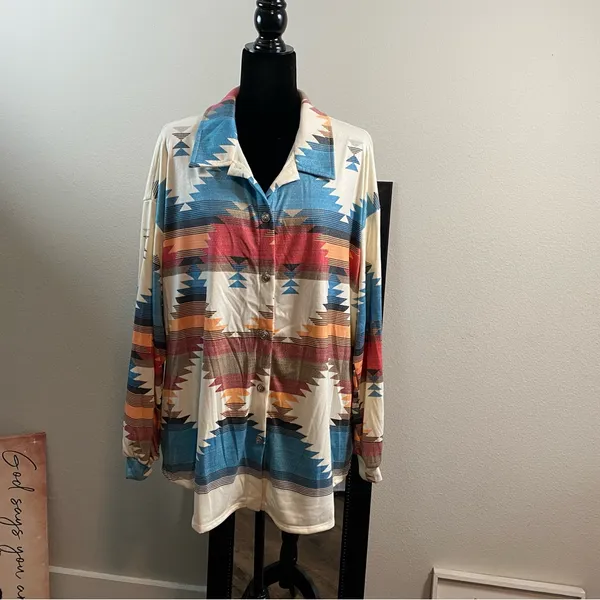 Boho Shacket Tribal Aztec Print Cream Button Collar Pockets Long Sleeve Medium - Image 6