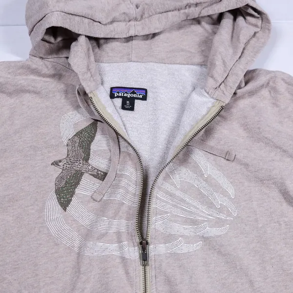 Patagonia Zip Up Hoodie Women XL Tan Bird Graphic Organic Cotton Fleece Jacket - Image 2