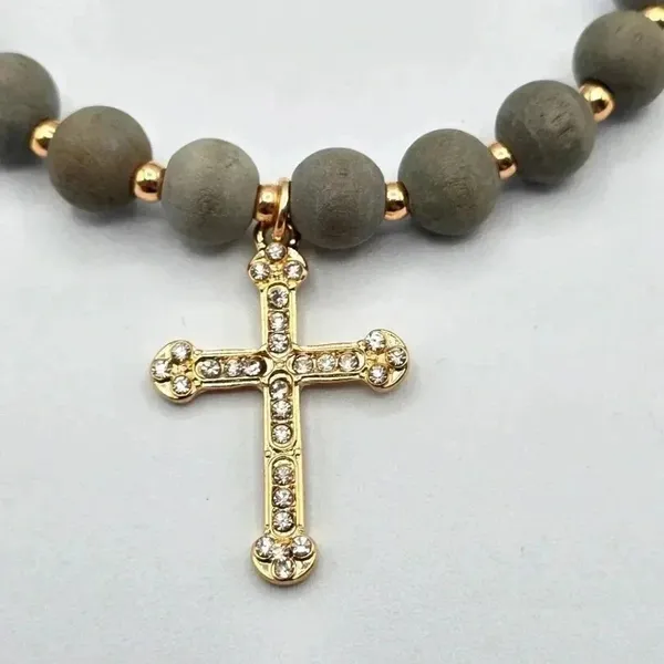 Gray Gold Charm Cross Bead Elastic Fashion Jewelry‎ Bracelet B15 - Image 2