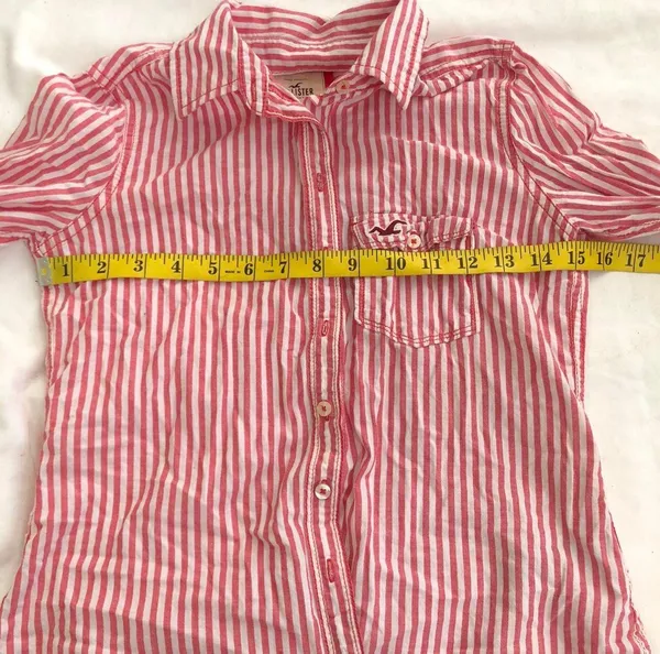 Hollister 2000s Co. pinkish red and white vertical striped button up down fitted shirt long sleeve Measurement in pics Office siren core - Image 3