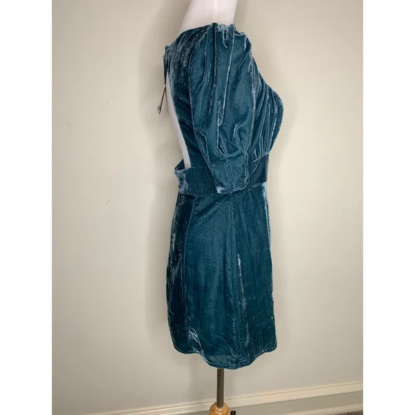 Forever 21 Velour Open Back Mini Dress Sz Medium Teal Boho Glam Cocktail - Image 4