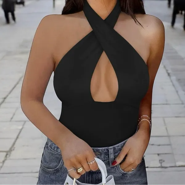 REORIA Butsmooth Womens Trendy Criss Cross Halter Neck Sleeveless Thong Bodysuit - Image 2