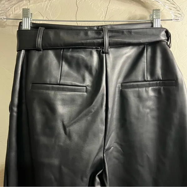 Loft Black Faux Leather High Rise Wide-Leg Belted Fleece Lined Trouser‎ Pants - Image 10