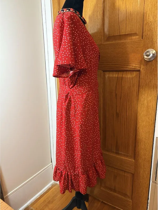 Red Polka Dot Wrap Dress Flutter Sleeve V Neck Tie Waist Women’s Dress - Image 4