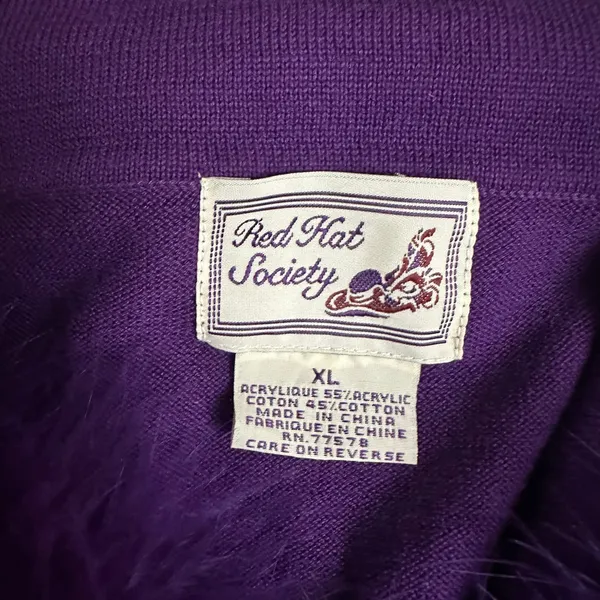 Red Hat Society Purple Feather Trim Cardigan Jacket XL Y2K Vintage‎ Themed Party - Image 2