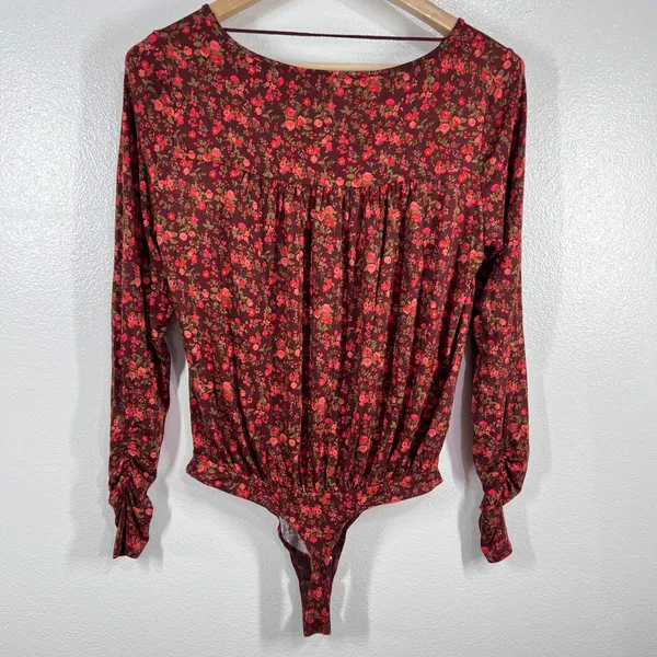 Free‎ People Intimately Kaya Print Cutout Bodysuit Chocolate Combo Womens Medium Red - Image 4