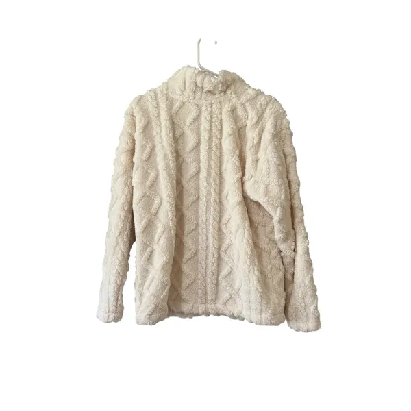 Eddie Bauer Pullover Womens M Ivory Sherpa Fleece Cable Mock Neck Warm Jacket - Image 2