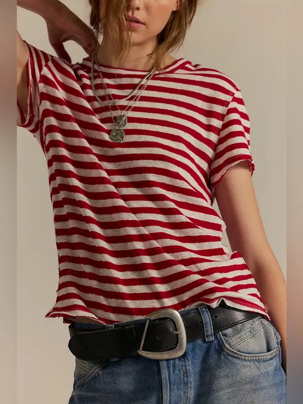 NWT Free People We The Free Nora Striped Linen Tee - Red Combo - XL - Image 5