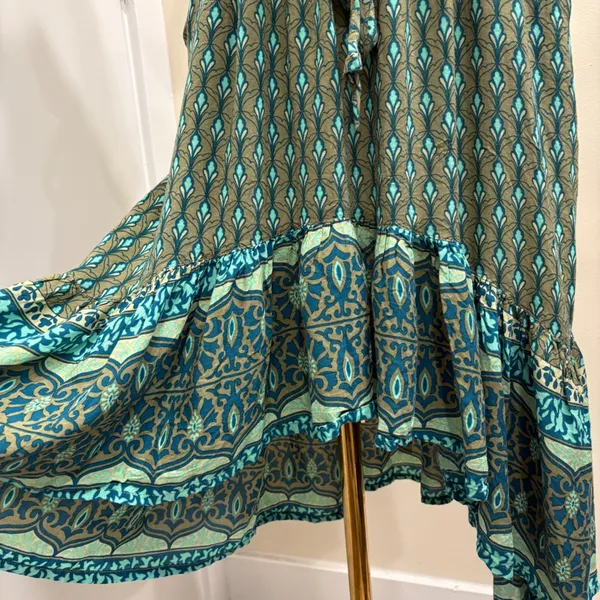 Sea Lustre Sunny Days Lotus Green Teal Boho Tie Front High Low Ruffle Dress S/M - Image 7