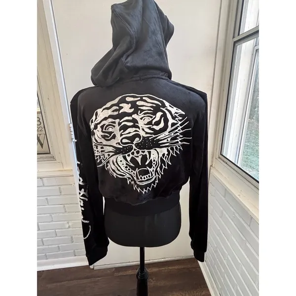 Ed Hardy NWT Silver Tiger Velour Zip Up‎ Hoodie Large Rhinestone Y2K athleisure - Image 4