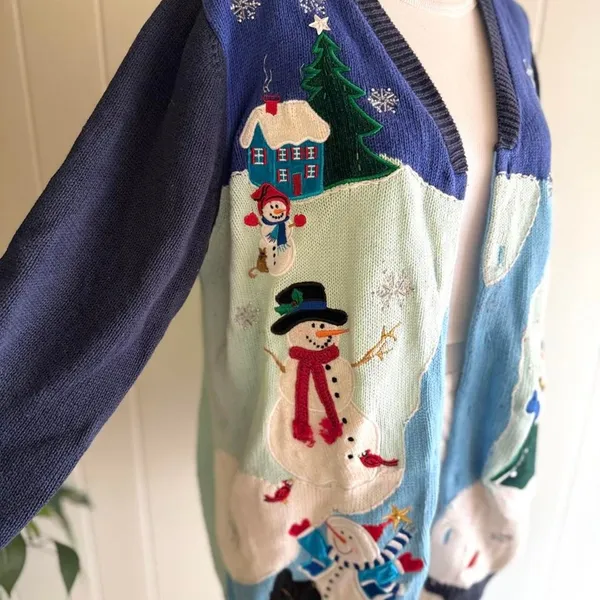 The Quacker Factory Ugly Christmas Sweater Snowmen Cardigan Women's Size Large - Image 3