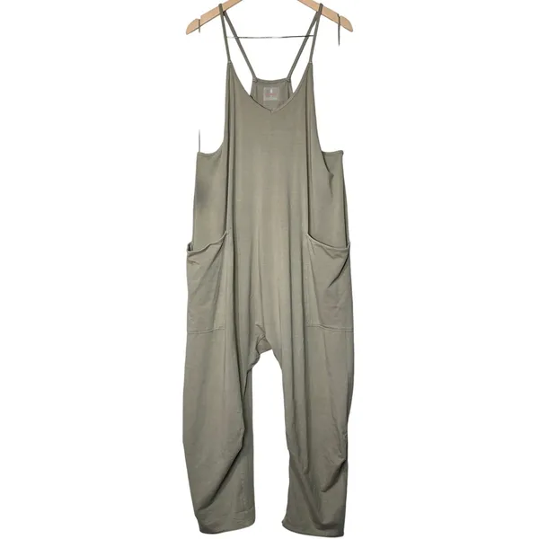 Free People Movement Hot Shot Jumpsuit Romper Sage Stone Size L Wide Leg Pockets - Image 2