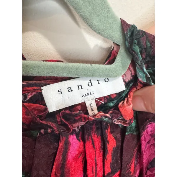 Sandro Paris Red Floral Mock Neck Blouse Black Lace Sleeves Silk Blend sz 1 - Image 7