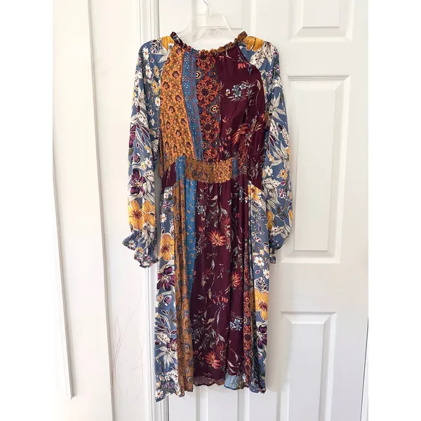 Oddi ODDY Bohemian Patchwork Mixed Print Midi Dress Bishop Sleeve Floral Large - Image 9