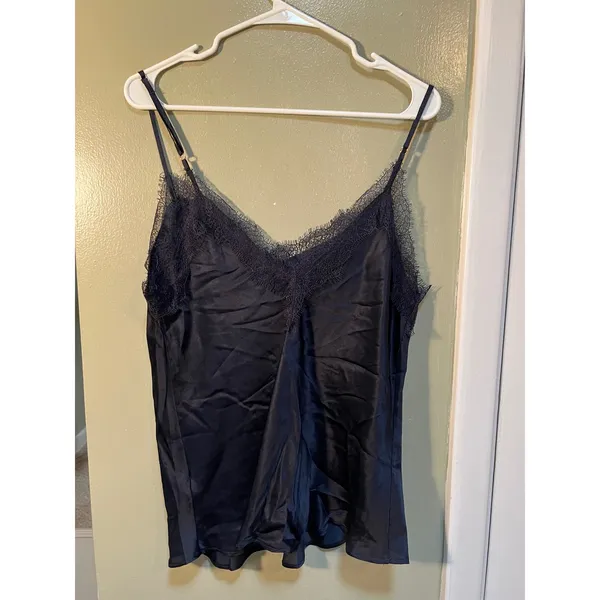 Primark Women's Size 10-12 Camisole Tank Top V-Neck Eyelash Lace Navy Blue Silk - Image 6