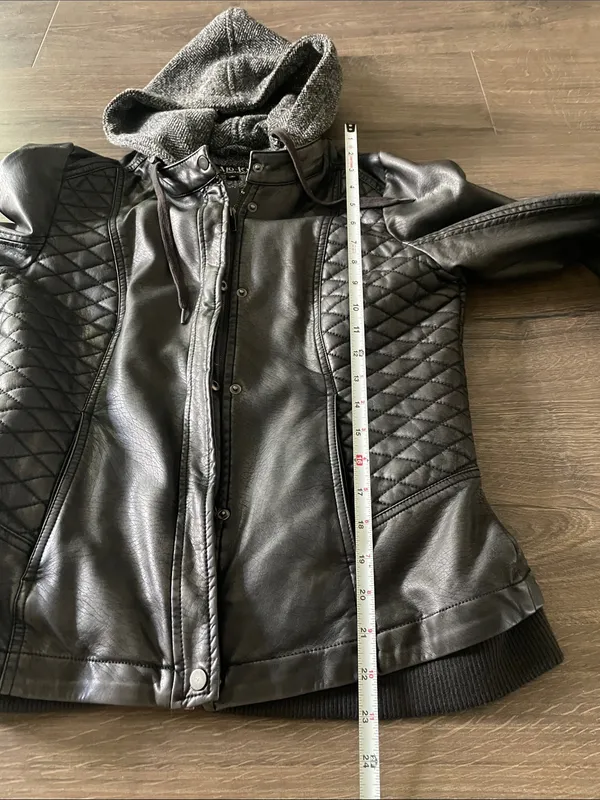 Women’s Mo-Ka Hooded Faux Leather Black Bomber Jacket, Size Small - Image 4