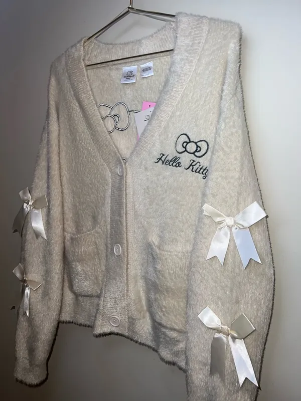Hello‎ Kitty Bow Sleeve Fuzzy Cardigan Cream Sanrio S/M NWT - Image 3