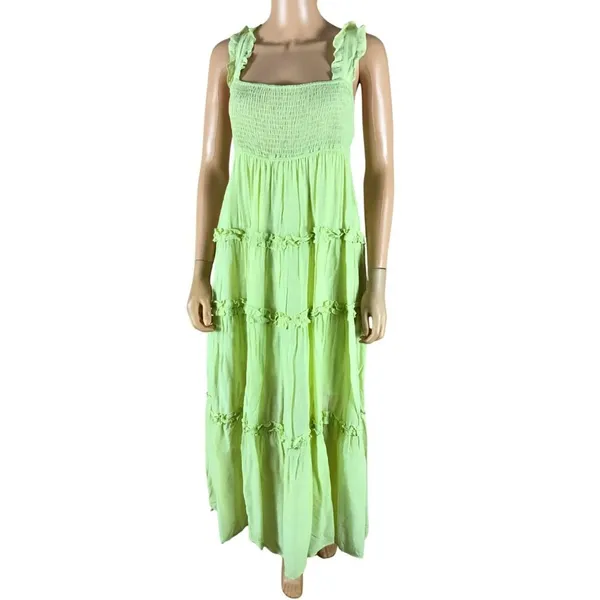 LUSH Lime Green Smocked Tiered Ruffled Maxi Dress SMALL - Image 9