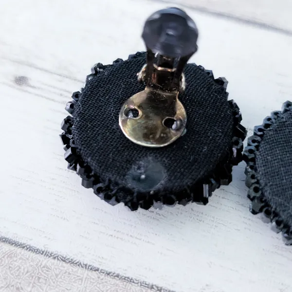 Vintage Clip On Earrings Large Black 1.25" Beaded Circle - One Damaged - Image 5