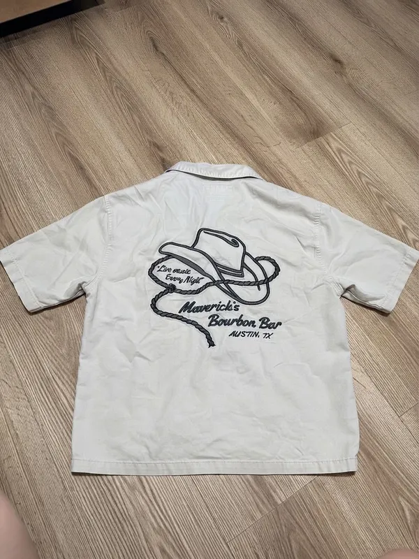 Abercrombie Western Cropped Camp Shirt Cream Cowboy Austin TX Embroidered M - Image 2