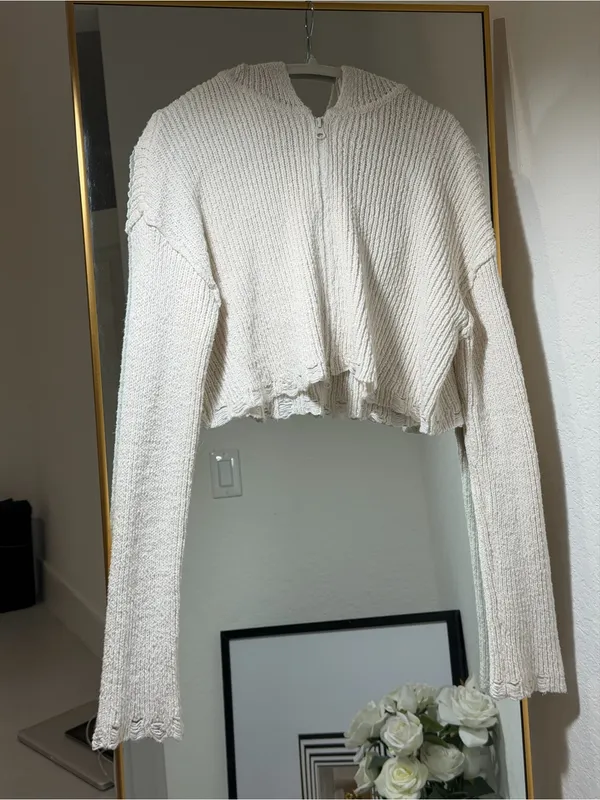 Moon & Madison Knit Hooded Zip Women Sweater in Off-White - L - Image 2