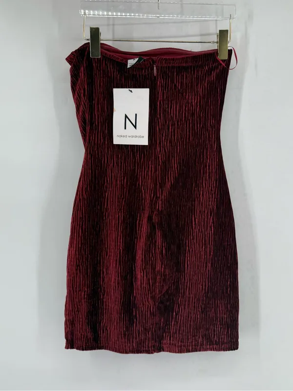 Naked Wardrobe Women's Red Texture‎ Plush Velvet Tube Minidress Size small - Image 3