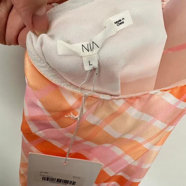Nia Pink Multi Plaid Satin Mini Backless Slip Dress Large NWT Spring Coquette - Image 8