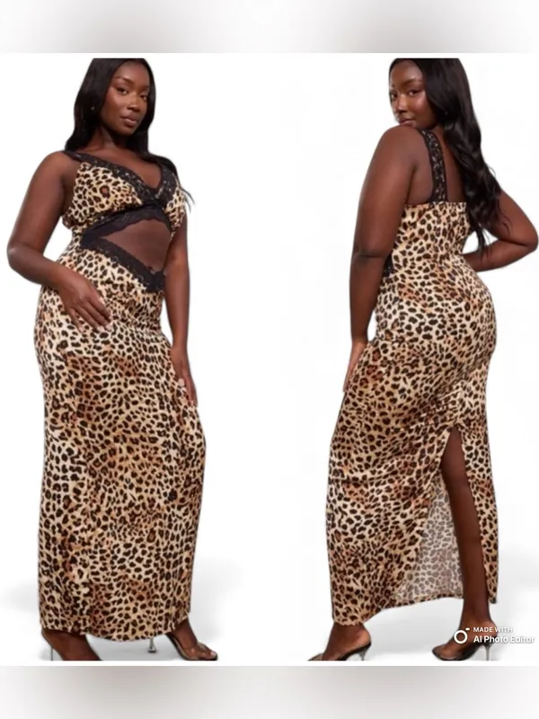 PrettyLittleThing Plus Leopard Satin Lace Cut Out Maxi Dress 18 NWT - Image 2