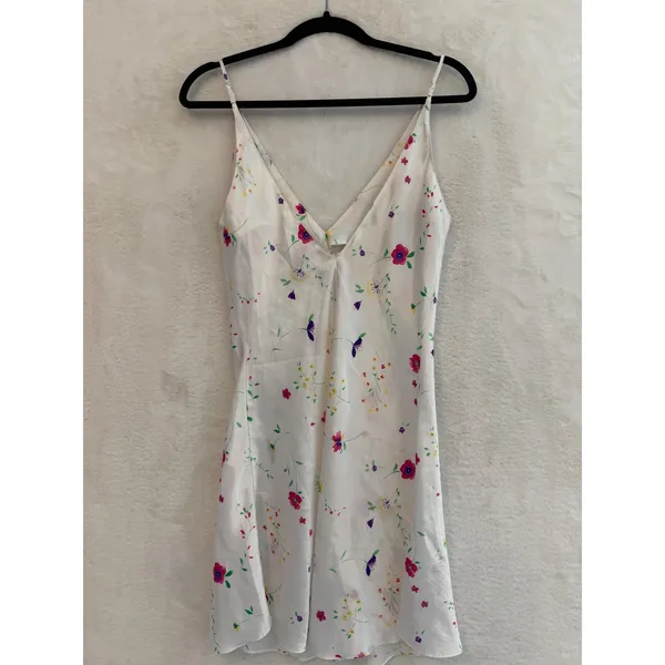 Kim Rogers Floral Satin Slip Dress Womens Small White Pink V-Neck Mini Dress - Image 7