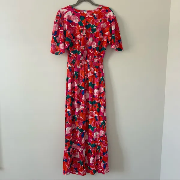 Anthropologie Abel the Label Red Pink Floral Smocked Waist Hi Lo Ruffle Dress M - Image 3