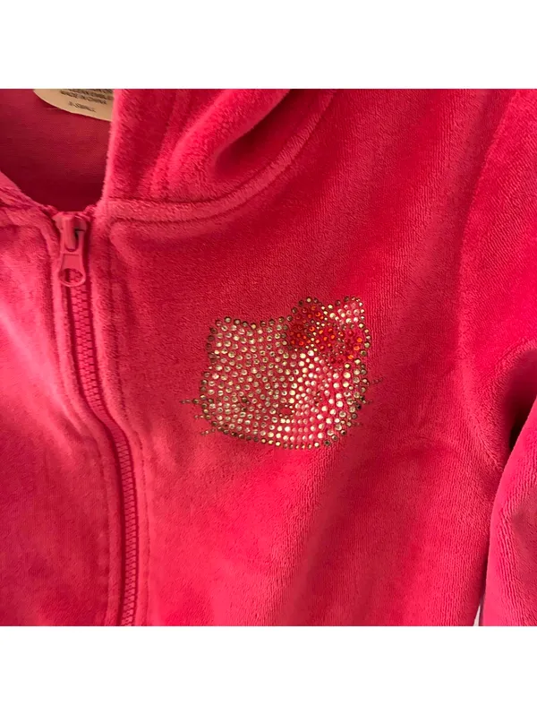 Hello Kitty Sz XS Hot Pink Rhinestone Soft Velour Fill Zip Hooded Jacket - Image 3