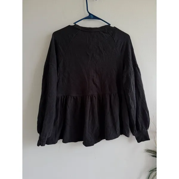 Pilcro Anthropologie‎ Black Cotton Peplum V-Neck Babydoll Top XS Long Sleeve - Image 3