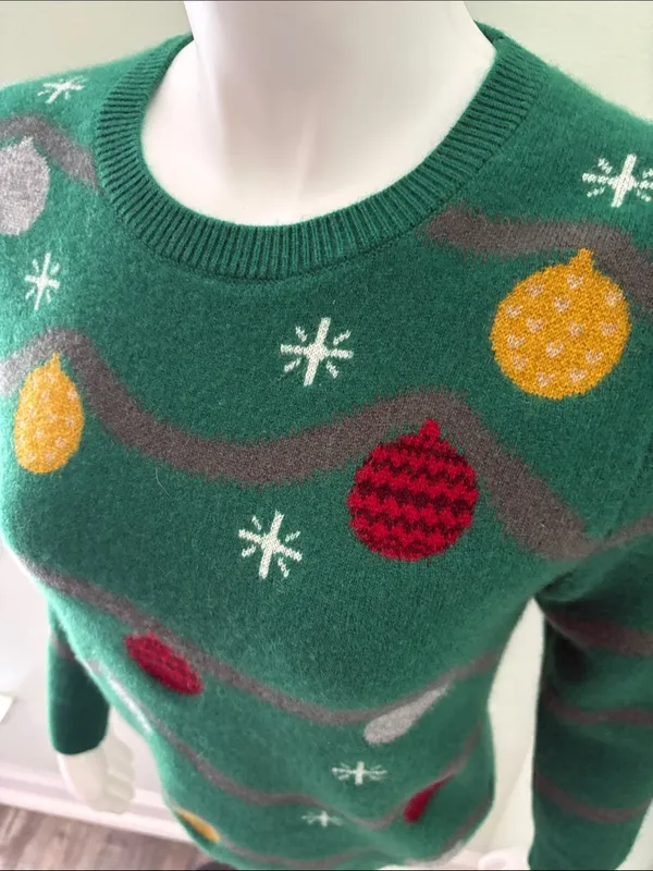 Quince Festive Green Sweater with Ornaments Small - Image 4
