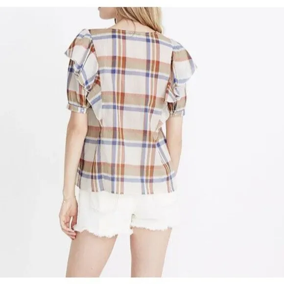 EUC Womens Madewell V‎ Neck Shoulder Ruffle Top In Plaid Short Sleeve Size L - Image 2