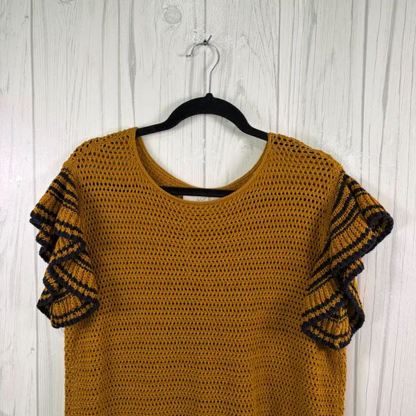 LOFT Open Knit Flutter Sleeve Top‎ in Mustard Yellow & Navy, Medium - Image 3