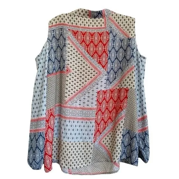 Chicos Cold Shoulder‎ Tie Neck Patchwork Blouse Red White Blue Size 2 Large - Image 5