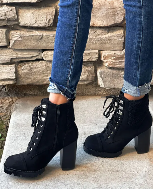Top Moda Black Fleece Lug Sole ankle Bootie - Image 2