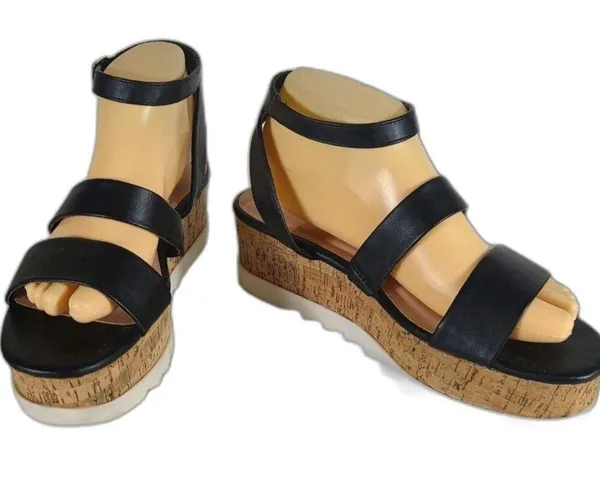 EUC Madden Girl Women's Black Steadyy Platform Buckle Cork Heel Sandals Size 9 - Image 4