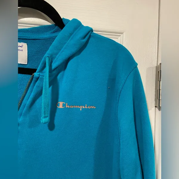 Champion Size M Turquoise Full Zip Cotton Blend Hoodie Sweatshirt Pockets - Image 4