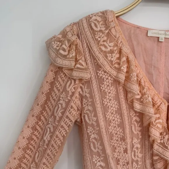 LoveShackFancy Macey Crop Top XS Rosewater Pink Lace Ruffle Long Sleeve Blouse‎ - Image 5