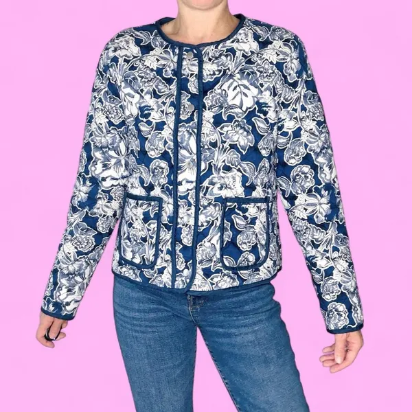 Rachel Zoe Navy Blue & White Floral Quilted Jacket - Image 2