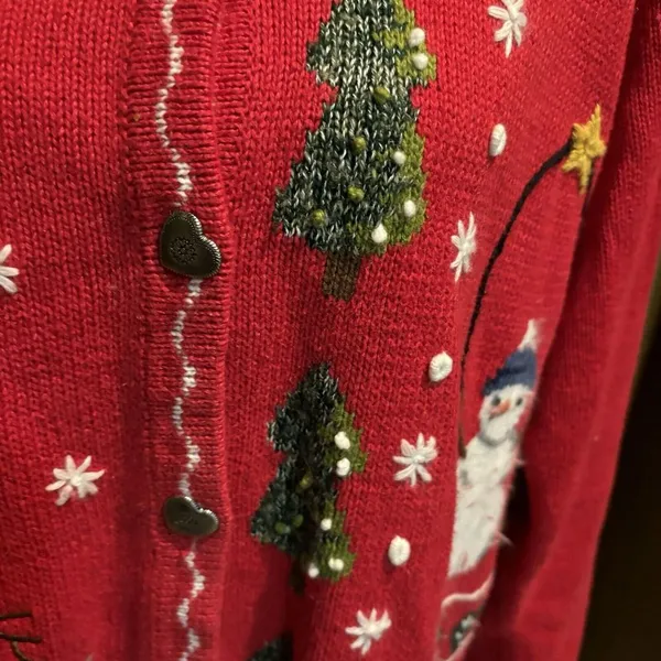 Quacker Factory Sweater VTG Cardigan Christmas Snowman Red Holiday Knit Medium‎ - Image 9