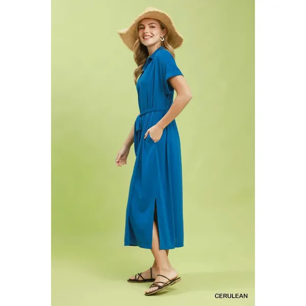 Umgee Collared Belted Midi‎ Dress - Cerulean - Small - Image 4