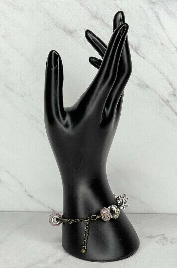 Gold Tone Floral Rhinestone Barrel Charm Beaded Bracelet - Image 2