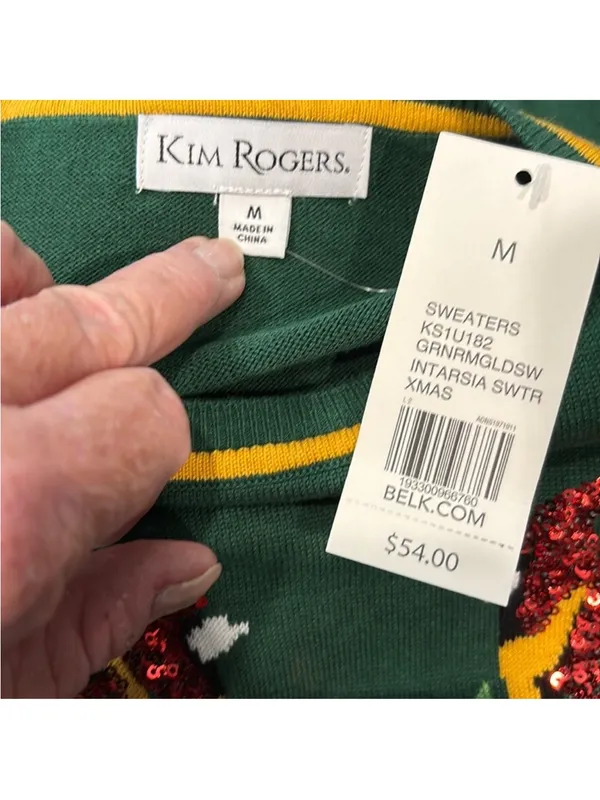 Kim Rogers Green Crewneck Sweater with Red Sequin Cardinals - Image 2