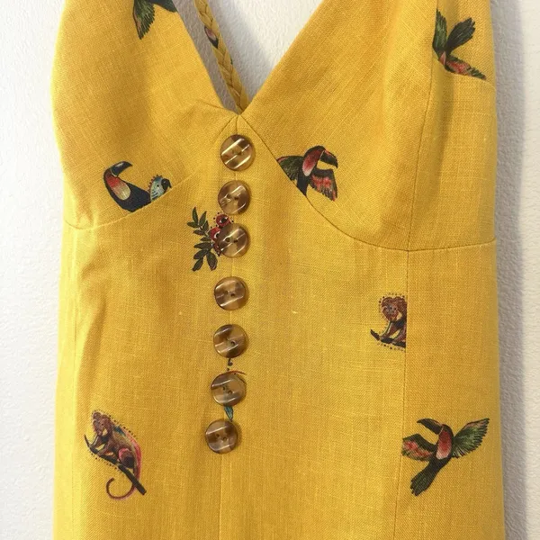 Farm Rio 100% Linen Jungle Tucanos Button Midi Yellow Embroidered Dress Sz XS - Image 8