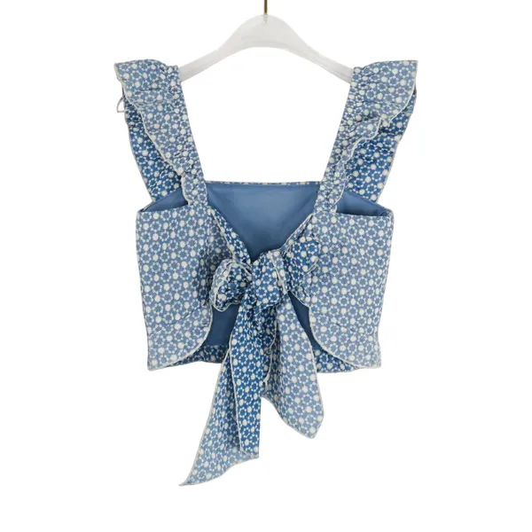 Kirious Blue Floral Eyelet Tie Back Crop Top Tank Top XS Cottagecore Top - Image 3