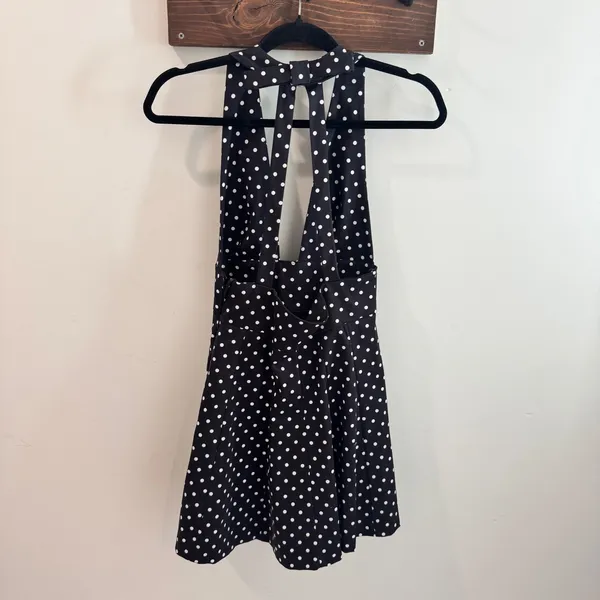 Zara Polka Dot Cape Skirt Halter Mini Dress Black White Deep V-Neck Small - Image 2